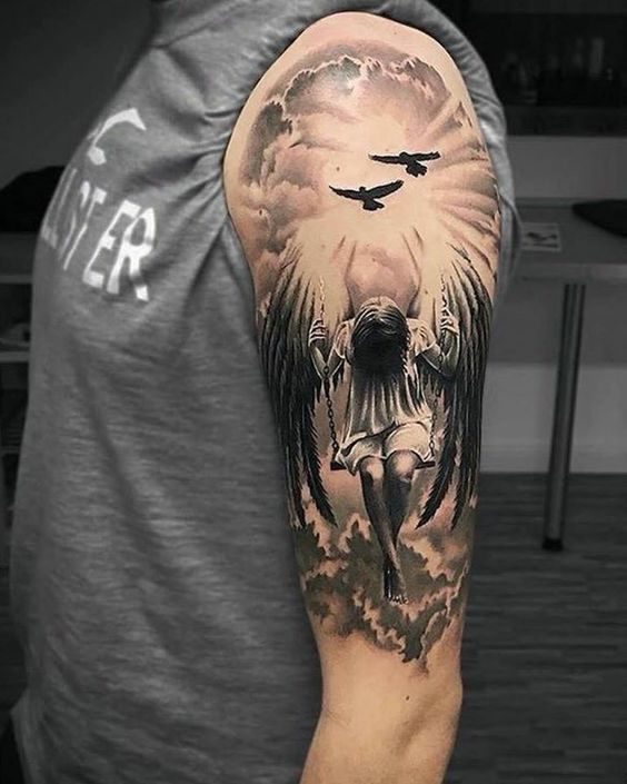 Full Sleeve Men Feathery Angel Tattoo