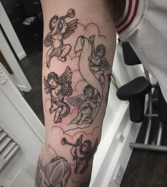 Angelic Cherub Tattoos with Cupid Design on Flying