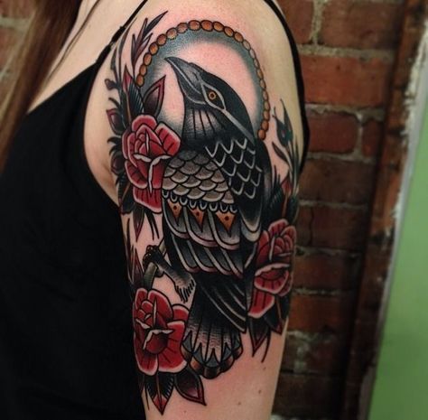 Women Full Sleeve Black Floral Raven Crow Tattoo