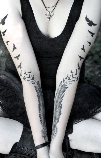 Black and White Feathery Crow Raven Flying Tattoos