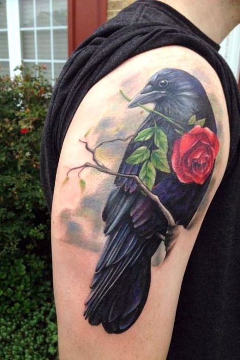 Rose Flower Raven Carries Tattoo for Men