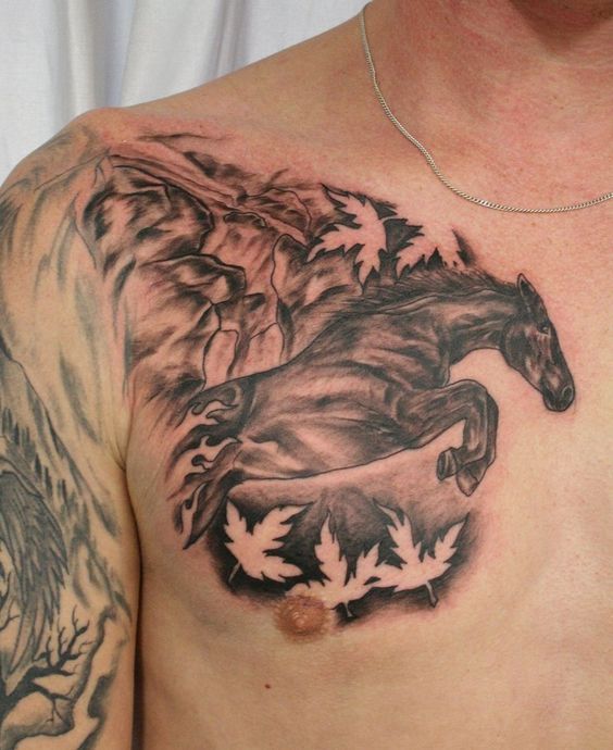 Wild Horse Tattoo with Blossom Around Men Chest