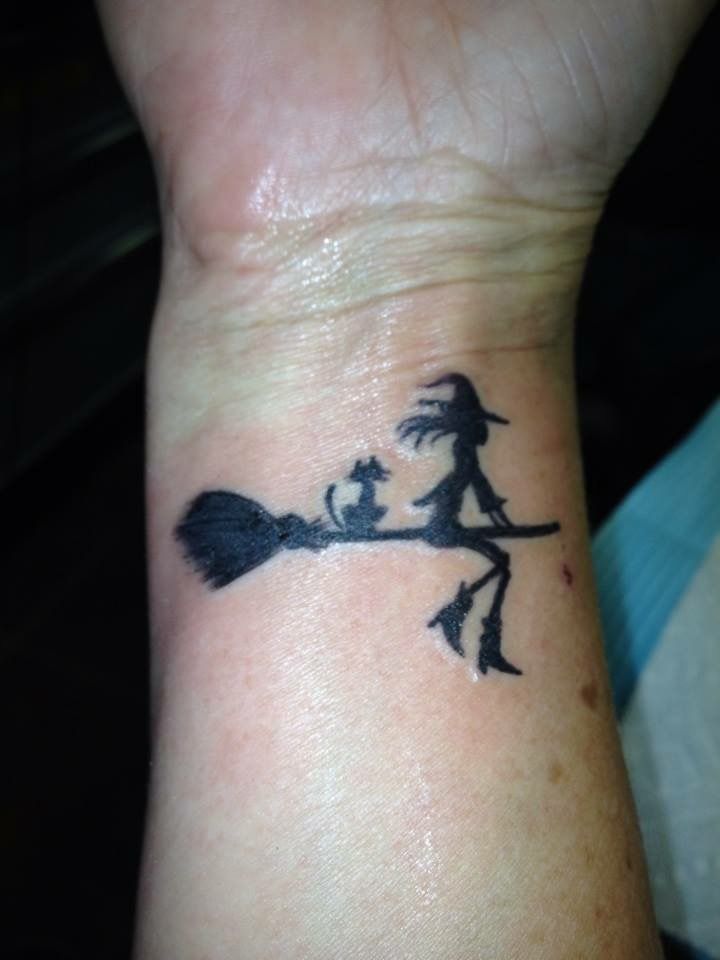 Witch on Broomstick Flying Tattoo