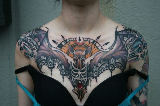 Watercolor Horrible Women Chest Bat Tattoo